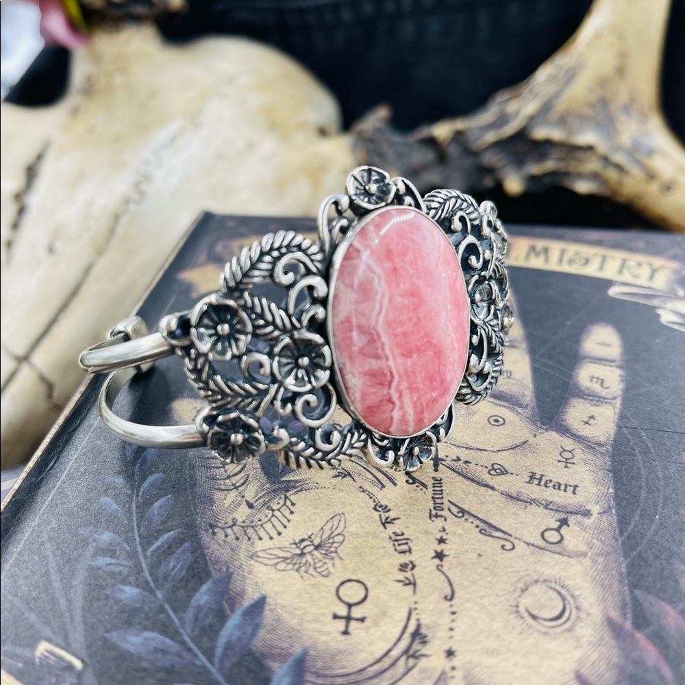 Vintage Carolyn Pollack Sterling Silver Cuff Bracelet w Oval Pink Rhodochrosite